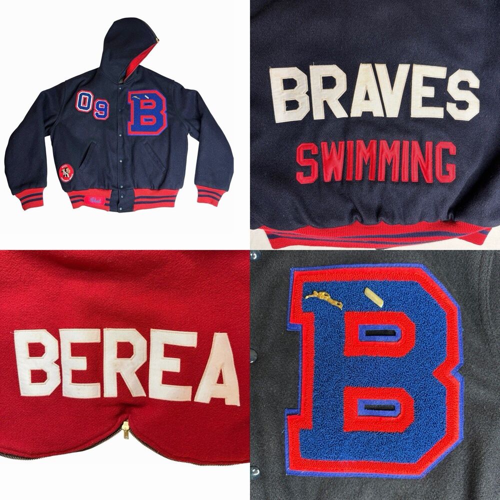 Vtg Holloway College Varsity Jacket Berea Braves Swimming Patches Wool USA Sz 46